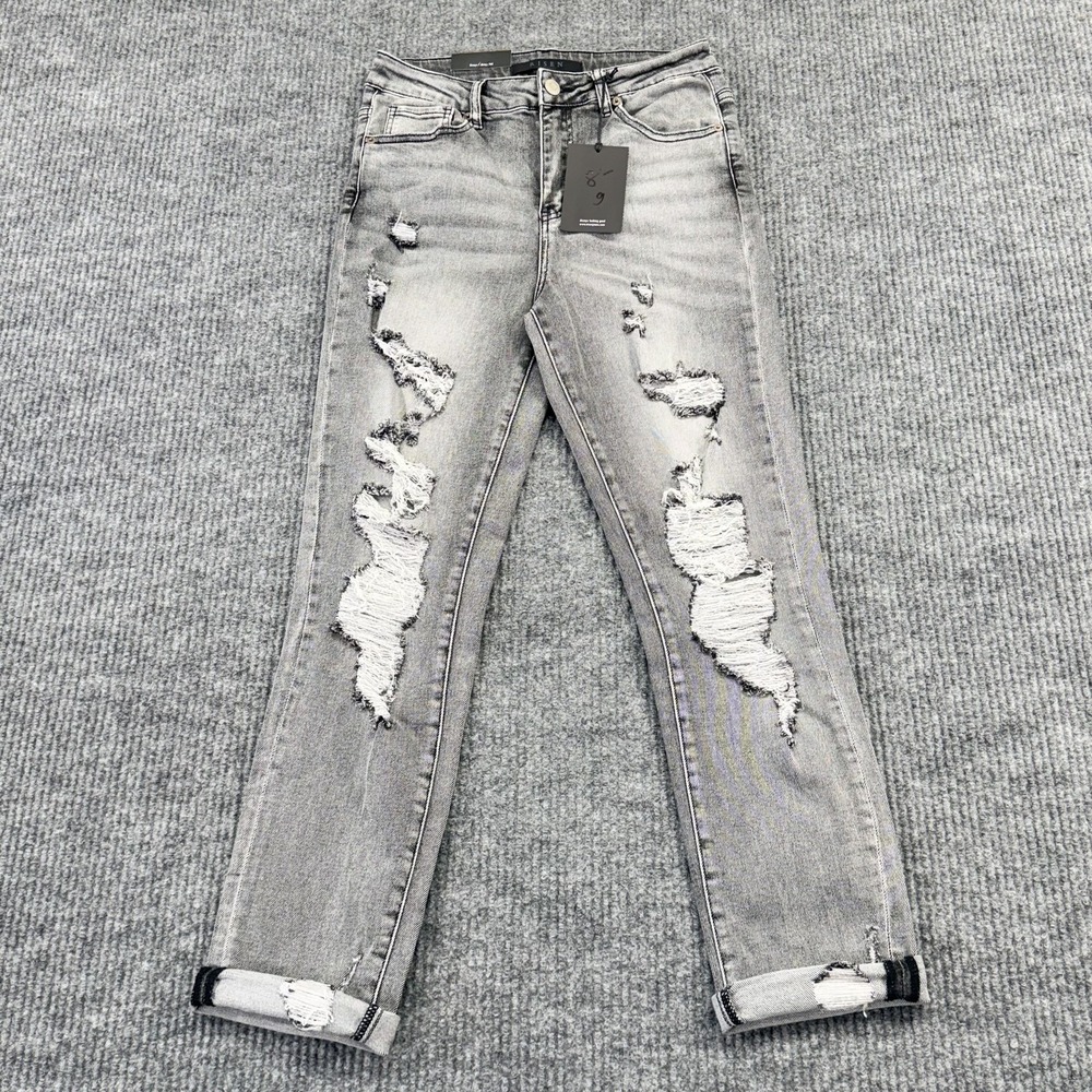 Risen‎ Relaxed Roll Up Skinny Jeans Womens 28/7 Gray Light Wash Distressed Denim